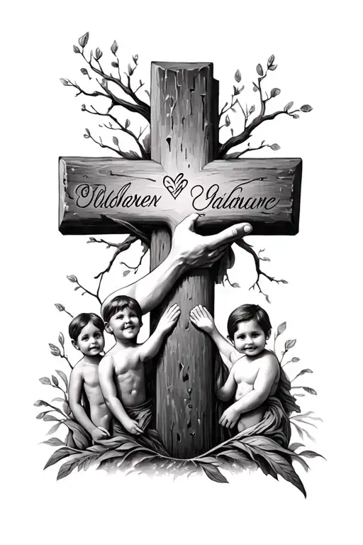 Cross With 4 Kids Names And My Father Holding Hands