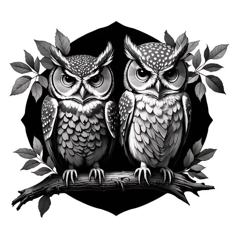 Brother Owls On Branch Lots Of Leaves Growing