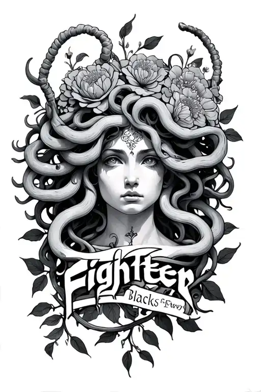 Medusa Intertwined With Vines And Flowers With The Word Fighter