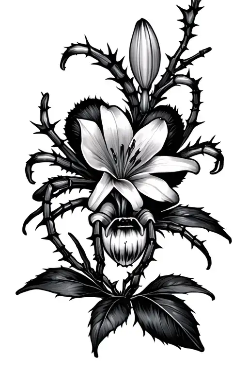 Lilies Spider With A Thorny Branch Around And Nearby