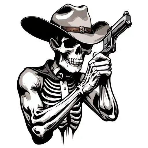 Skeleton With Cowboy Hat Holding Gun To Head