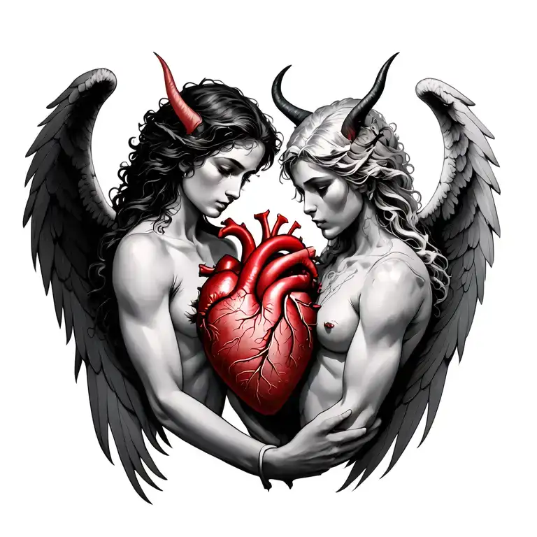 Angel And Demon Holding Anatomic Heart