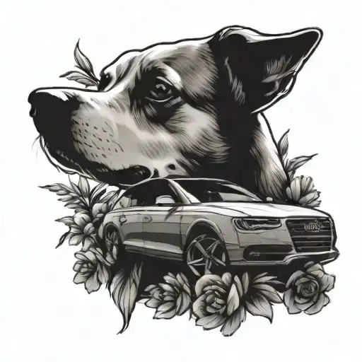 Create A Tattoo Of A Dog Driving An Audi Car Through A Field Of Flowers