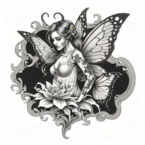 Fairy With Butterfly Made Wings With A Water Vase Pouring Over Her