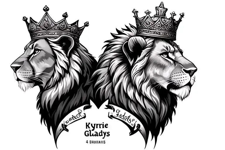 Lion And Lioness Wearing Crowns With The Names Kyrie And Gladys