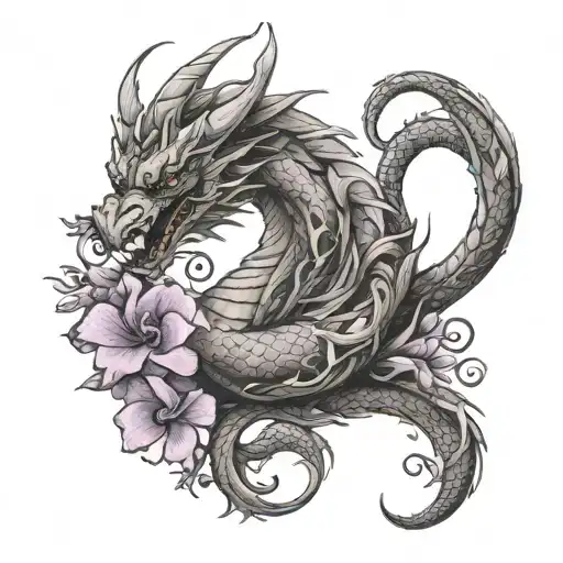 Dragon With Violet Flower Intertwined