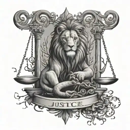Scale Of Justice With Lion And Roots Reaching Deep