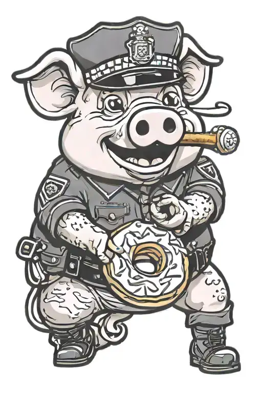 Cartoon Pig Wearing A Police Uniform Eating A Donut