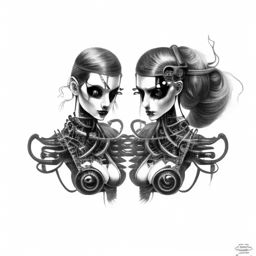 Goth Cyborg Gemini Sisters Conjoined Facing Each Other