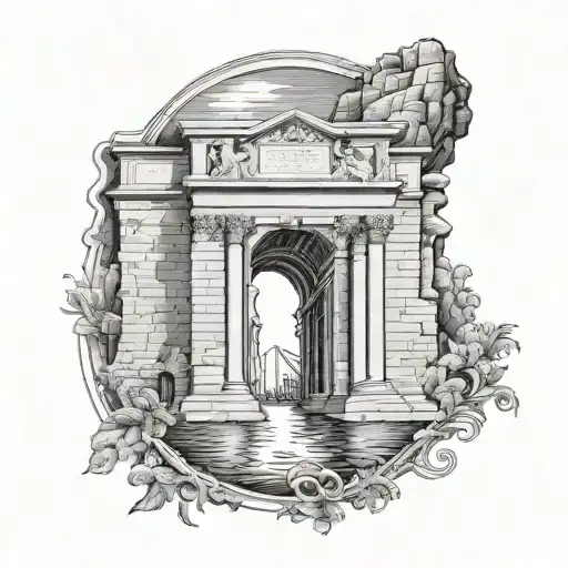 Shoulder And Arm Tattoo Combining Rimini's Arch Of Augustus And Its Beach