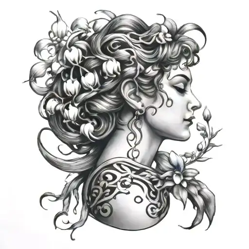 Side Profile Medusa Holding And Looking At A Lily Of The Valley