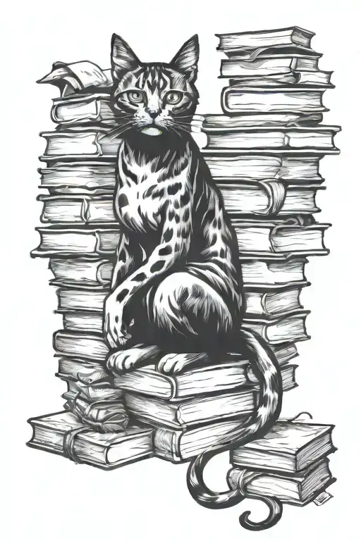 Stacks Of Books Girl Cat Sitting