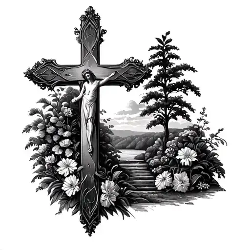 Christian Cross With Garden Scene