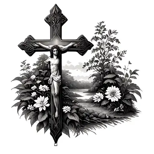 Christian Cross With Garden Scene