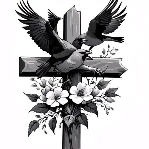 Christian Cross With Flowers And Cardinals Flying