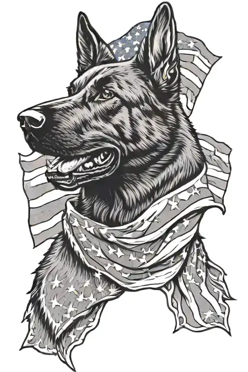 Black German Shepherd With American Flag Draped Over Shoulders