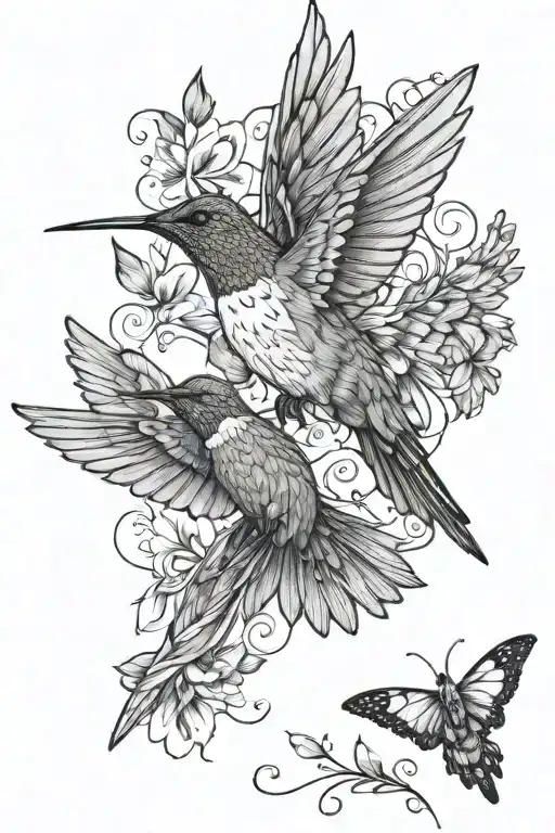 One Hummingbird And Butterflies Flying Away
