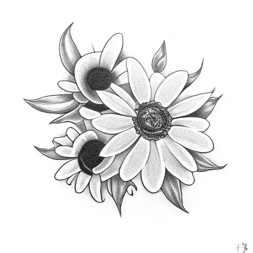 A Black-grey Tattoo Of A Daisy And A Rose Intertwined With A Wand From Harry Potter