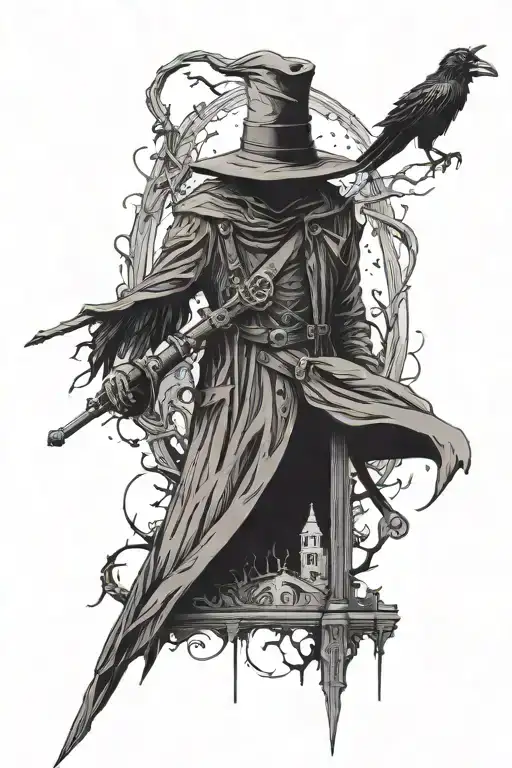 Full Sleeve Tattoo Featuring A Cemetery A Plague Doctor And A Raven