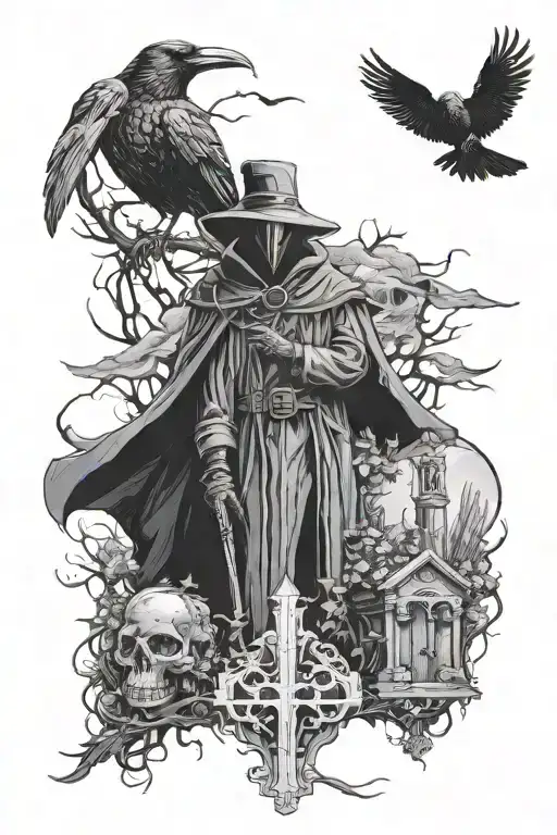 Full Apocalyptic Background Featuring A Cemetery A Plague Doctor And A Raven