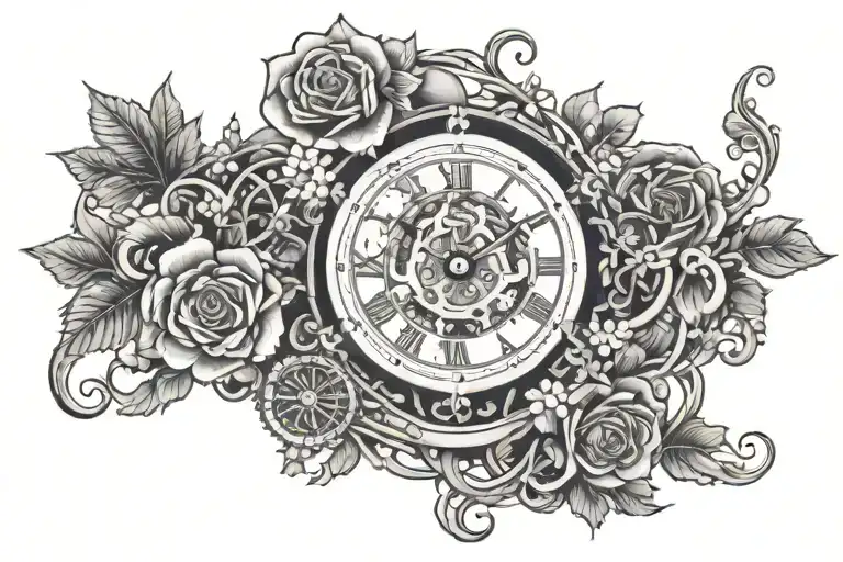 Clock Mechanism Intertwined With Vines And Flowers