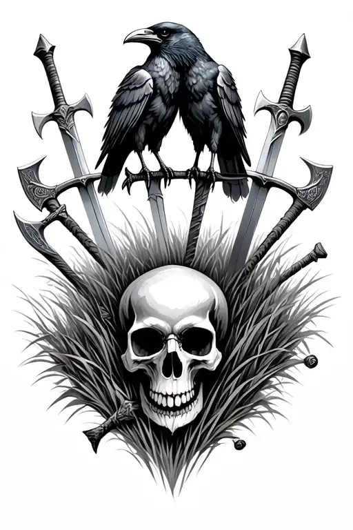 2 Ravens Perched Atop A Skull In A Grassy Field With A Lot Of Discarded Norse Swords And Axes