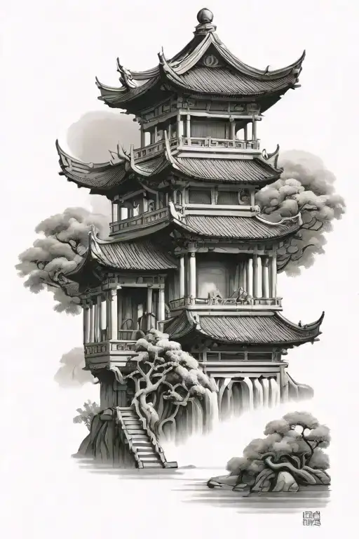 Ancient Chinese Temple With Trees And Water