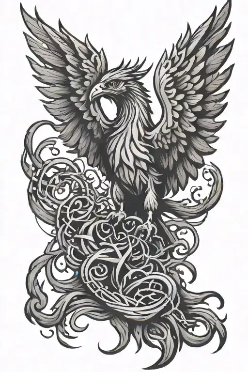 Phoenix Rising From Ashes Symbolizing Drug Addiction And Barbwire For Prison And A Heart For Love