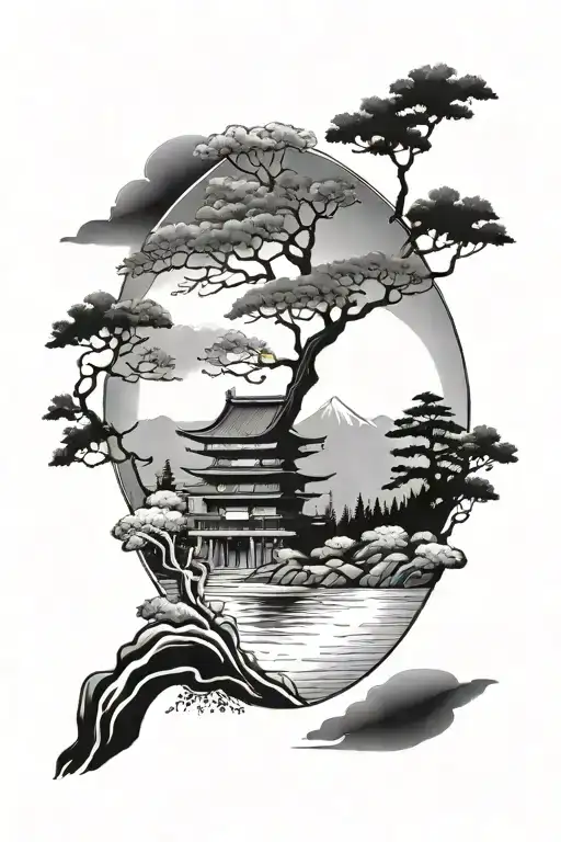 Japanese Style Landscape Vertical With Water And Trees