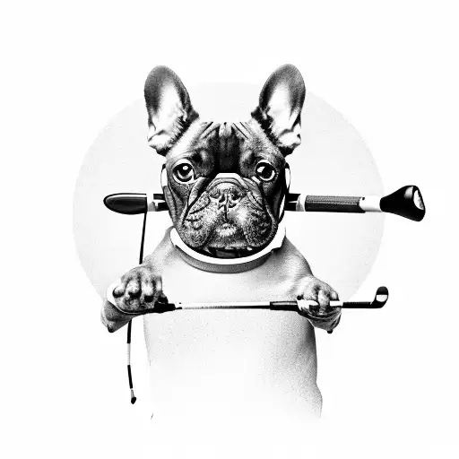 A French Bulldog Wearing Headphones And Holding A Golf Club