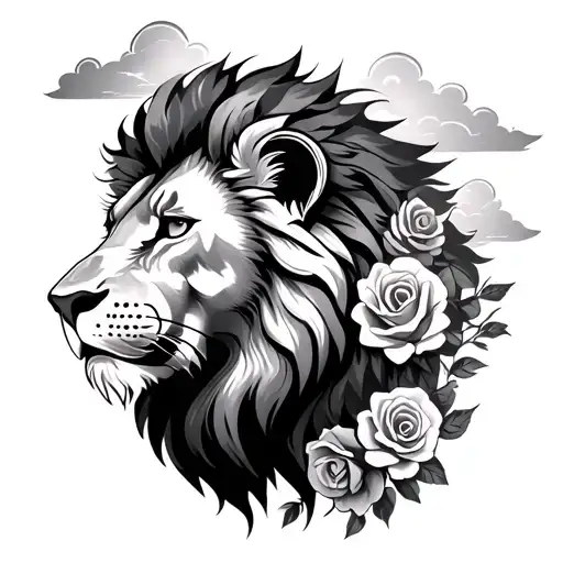 Lion Head With Clouds And Roses