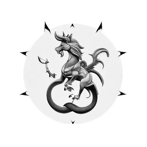 A Black-grey Tattoo Of A Casino Chip With A Mythical Creature Like A Griffin Or Centaur On It