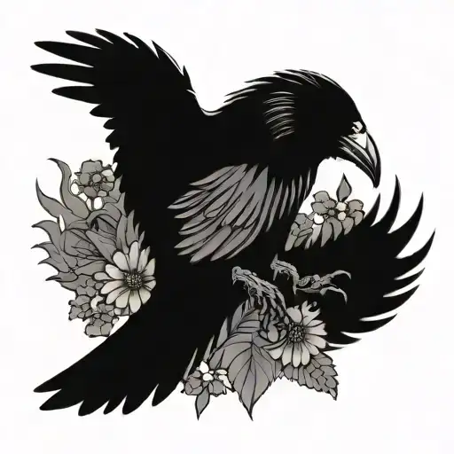 Flying Raven With Marigold And Cosmos Flowers
