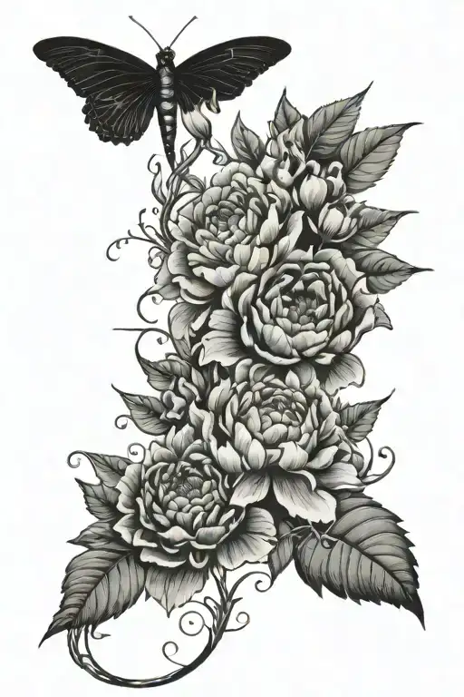 Butterfly's With Peony Flowers And Vines And A Dragon Fly