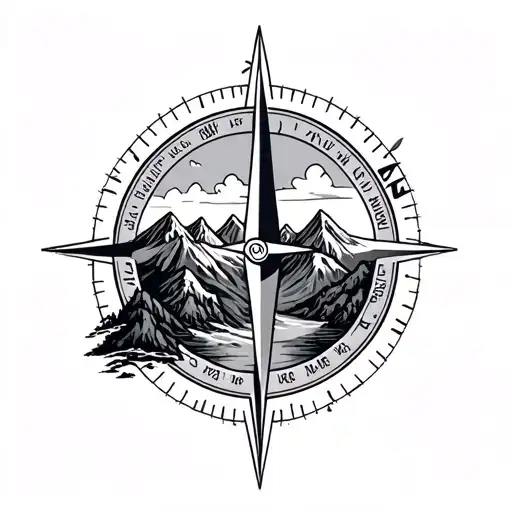 Mountains Nature Scene And Compass Tattoo Design