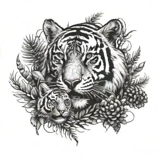 Tiger Face Holding A Tiger Cub In The Forest With Pine Cones And Dinosaurs