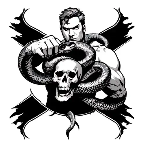 The Fighter Holds His Hand Torn Off The Snake With The Skull In His Hand