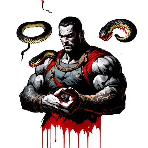 The Fighter In Full Equipment Holds In His Hand A Snake Torn With Which Blood Flows