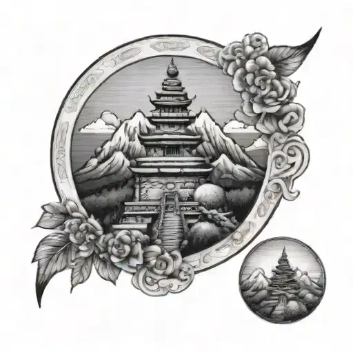 Tattoo Annapurna Mountain Inside A Circle With A Small Stupa