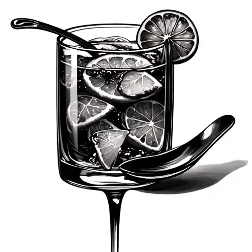 A Spoon Drawn In Black Realistic With A Glass Mocktail