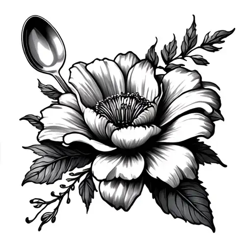 A Spoon And A Flower Drawn In Black Realistic