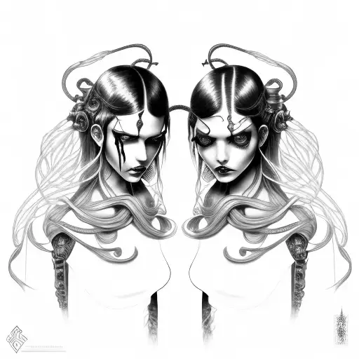 Goth Cyborg Gemini Sisters Hair Tangled Together Wide Composition