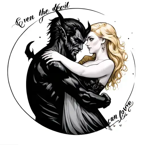 Devil Man Hugging Blonde Lady Moon Background Writing Saying Even The Devil Can Love