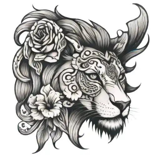 Day Or The Dead Themed Lion With Lillie Flowers Intertwined
