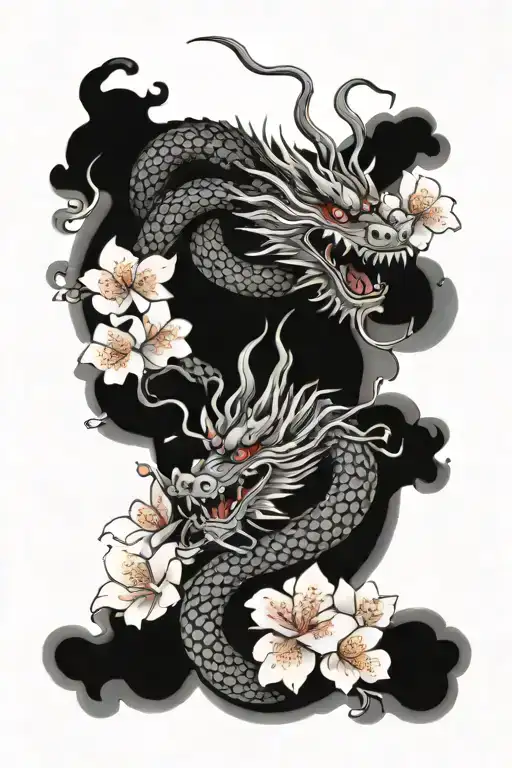 Chinese Dragon With Cherryblossom Flowers Aroud The Body