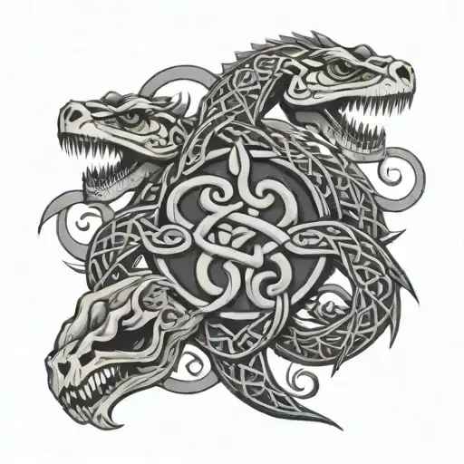 Four Lizards Linked End-to-end In A Celtic Knot With The Skull Of A Fifth Lizard In The Center