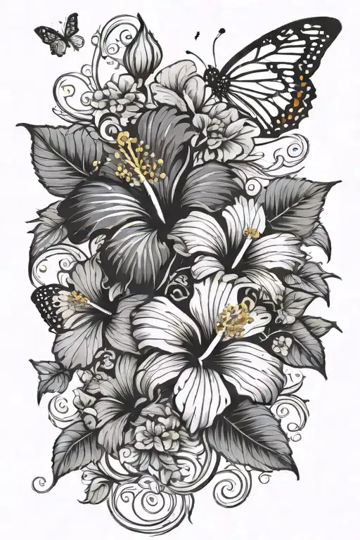 Hibiscus Flowers On A Vine Long With Butterflies Flying