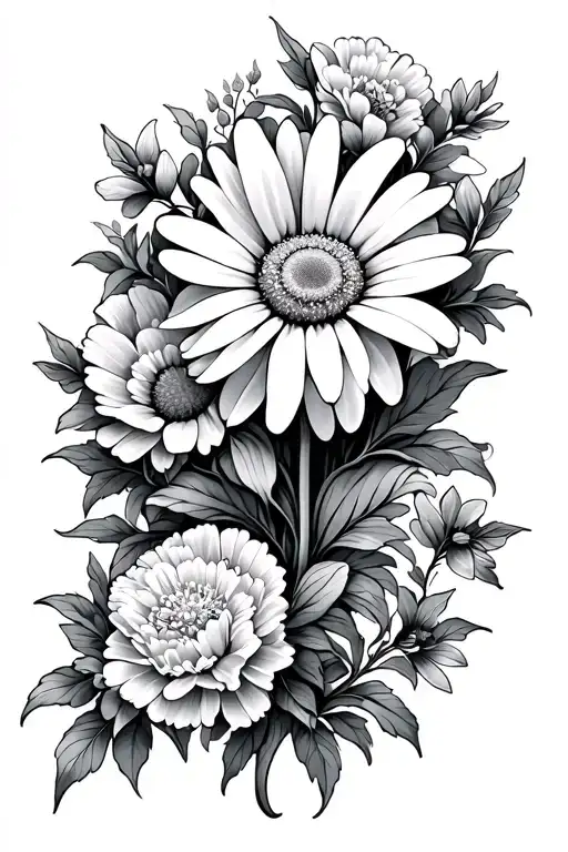 Daisy Flower And Carnation Flower Surrounded By Vines And Mini Flowers