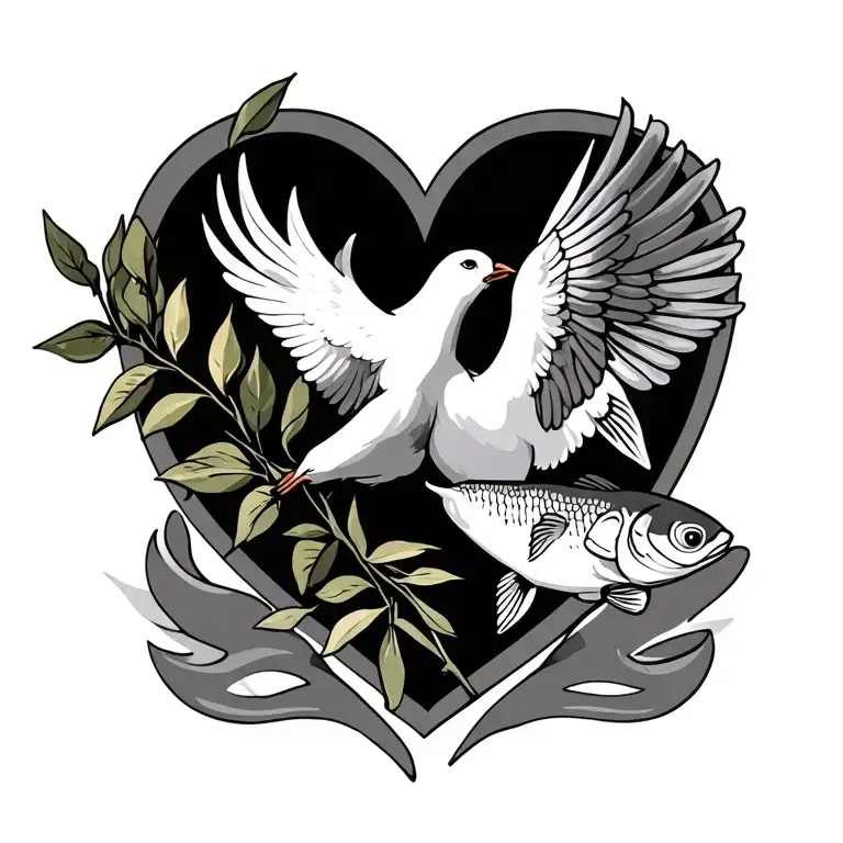 Heart Cross Christian Dove Carrying Olive Branch And Fish Symbol