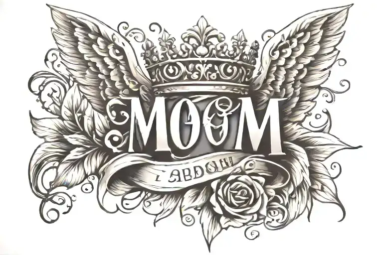 Create A Tattoo Of The Word Mom With A Crown On The M 1965 In The Bottom And Angel Wings On The Side